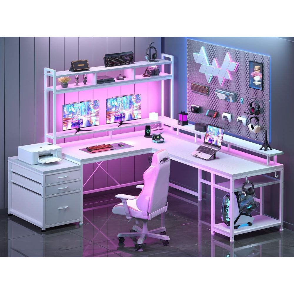 Desk Setup No Monitor - 104-inch L-Shaped Desk for Dual-Person Home