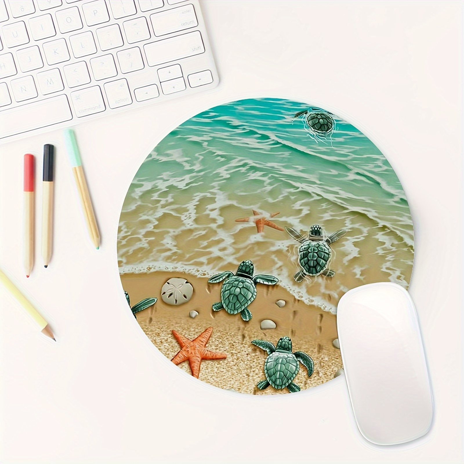 Desk Setup Productivity - Adorable Turtle Starfish Round Mouse Pad